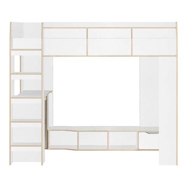 كيندر سرير 90×190 سم بطابقين مع مكتب للدراسة ومساحة تخزين - أبيض وخشب البلوط سونوما