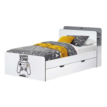 جيمرزون سرير 120×200 سم مع لوح أمامي للتخزين ومنفذ USB - أبيض/رمادي (يباع السرير الإضافي بشكل منفصل)