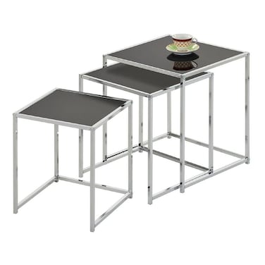 جورلي   طاولات زجاجية متداخلة طقم من 3 قطع - زجاج كروم/أسود