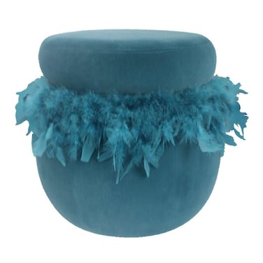 Conde Velvet Pouf with Feather-Blue