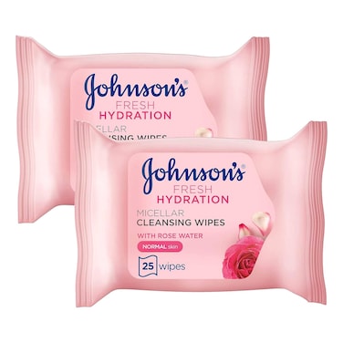 Johnson's Fresh Hydration Micellar Cleansing Wipes with Rose Water for Normal Skin 25 Wipes, Pack of 2