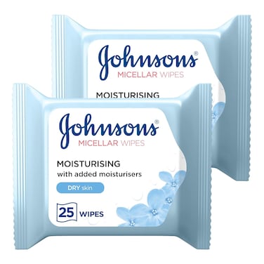 Johnson's Moisturising Micellar Facial Wipes for Dry Skin 25 Wipes, Pack of 2