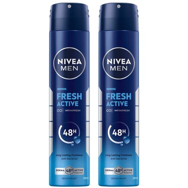 NIVEA MEN Fresh Active, Antibacterial Deodorant Spray for Men, 48H Active Protection, with Infini Fresh Formula, Long-Lasting Freshness, 200ml, Pack of 2