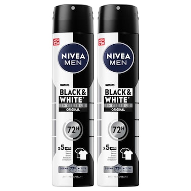 NIVEA MEN Black &amp; White Invisible Antiperspirant Deodorant Spray, Original, 72H Active Protection, 5IN1, Anti-Odour, Sweat, Stains, Residues &amp; Irritation, 200ml, Pack of 2