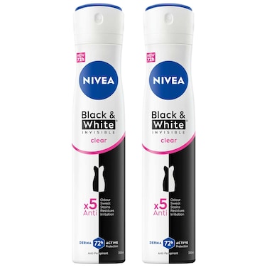 NIVEA Black &amp; White Invisible Antiperspirant Deodorant Spray for Women, Clear, 72H Active Protection, 5IN1, Anti-Odour, Sweat, Stains, Residues &amp; Irritation, 200ml, Pack of 2