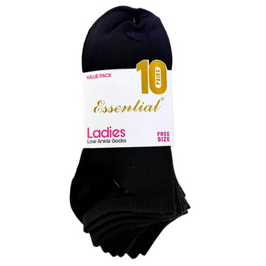 Essential Women Low Ankle Socks LV-154, Black, Free Size, 10 Pairs