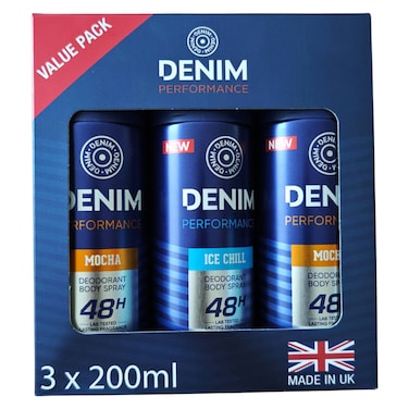 Denim Performance Deodorant Body Spray, 200ml Pack of 3