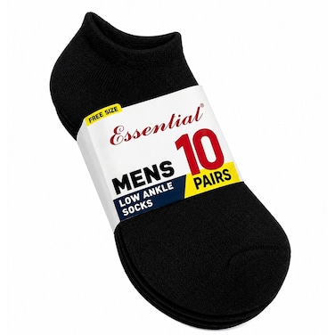 Men Essential Low Ankle Socks, Black MV-151, Free Size, 10 Pairs