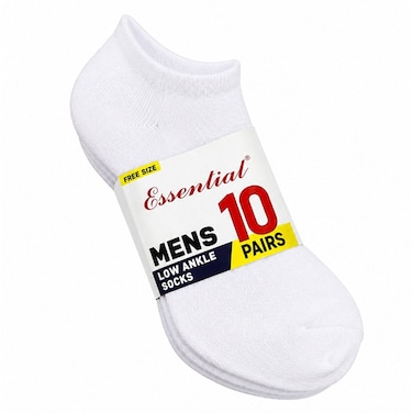 Men Essential Low Ankle Socks, White MV-151, Free Size, 10 Pairs