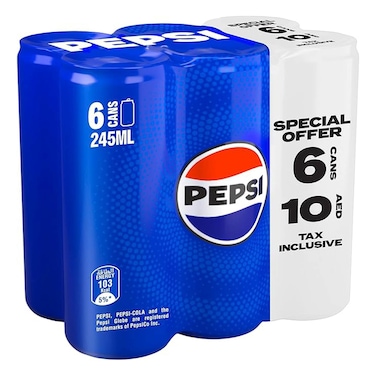 Pepsi Carbonated Soft Drink Can, 245ml Pack of 6