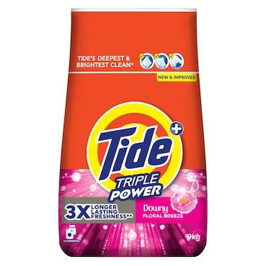 تايد تريبل باور مسحوق غسيل للغسالات ذات التحميل الأمامي، برائحة داوني نسيم الزهور، 9 كغ