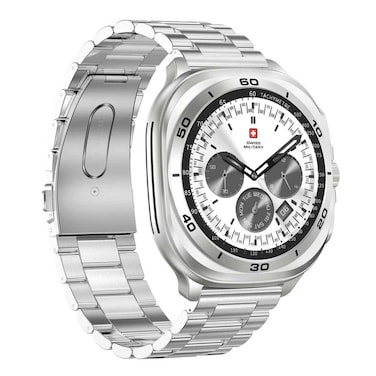 Swiss Military DOM 7 Smartwatch, Silver Frame with Silver Metal Strap + Swiss Military Victor 6 Truly Wireless Bluetooth In-Ear Earbuds, White