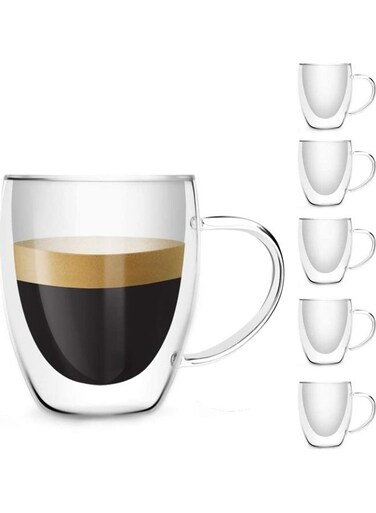 6Pcs -350ML Borosilicate Double Wall Glass with Handle Clear