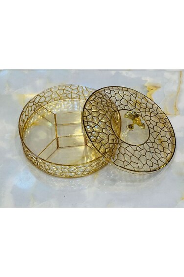 Round Decorative Candy Serving Tray with Lid, 5 Compartments, Gold Geometric Pattern.