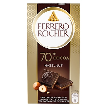 Ferrero Rocher Dark Chocolate Bar with Hazelnut and 70% Cocoa Filling, 90g