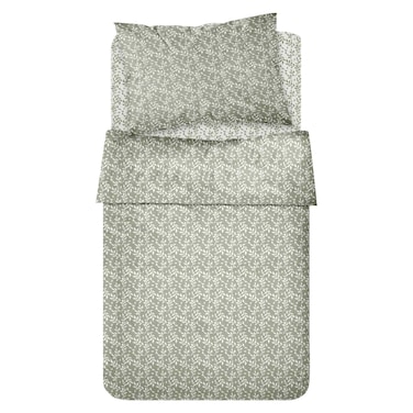 Kasa Satin Cotton Leaf Printed Sheet Set, Green, 160x270cm