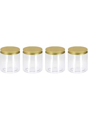 4-Pcs Food Storage Jars, Clear Plastic Canisters with Gold Lids, 300ml/8.5oz Refillable Round Jars for Spices, Snacks, Candy, Pantry Organizer, DIY Crafts &ndash; Containers for Home, Kitchen, &amp; Travel
