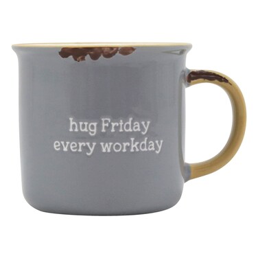 كوب بتصميم عتيق يحمل عبارة "هاغ فراي داي إفري وورك داي"، رمادي فاتح