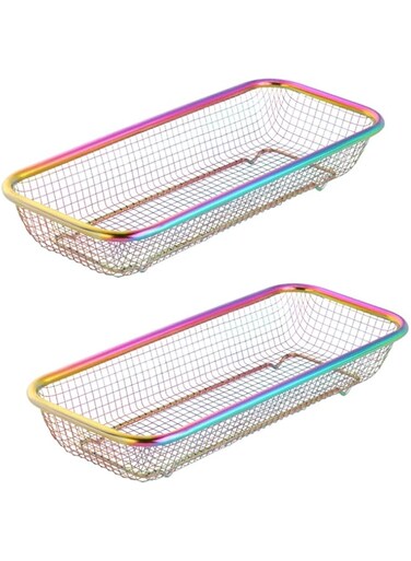 BYEGOU Silverware Drawer Organizer, Rainbow Mesh Kitchen Drawer Organizers, Iridescent Stackable Storage Basket Metal Utensil Holder for Flatware, 12.5"x5"x2.5", Pack of 2