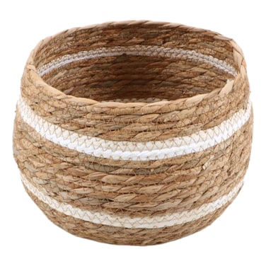 White Stripe Woven Round Basket, Medium