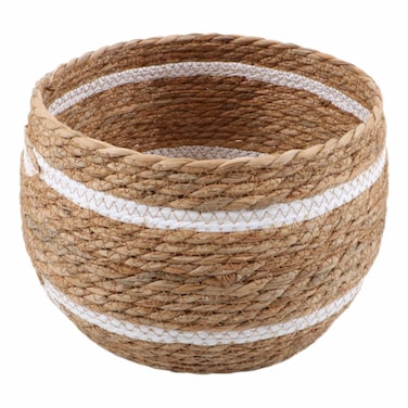 سلة دائرية منسوجة مخططة بيضاء، كبيرة