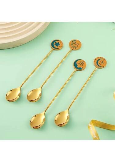 Care 4pcs Set Stainless Steel Dessert Spoons - Camel, Star, Moon, Lighthouse Designs - Golden Finish, Ideal for Cake, Coffee, Ice Cream - Gift Box Included, Coffee Tableware Whimsical Spoon Designs Polished Golden Finish, Dessert Table Display Set 2.2X16 cm