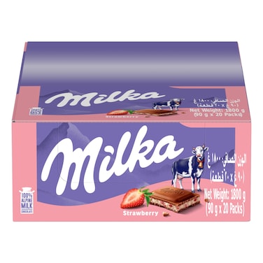 Milka Strawberry Chocolate Bar, 90g Pack of 20