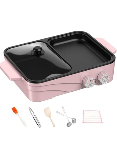 OKMYLF Electric Grill Indoor Hot Pot with Glass Lid &amp; Removable Non-Stick Grill Plate,Separate Dual Temperature Contral, for 2-4 People Family Gathering Friend Meeting Party，pink