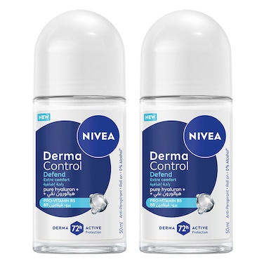 Nivea Derma Control Defend Extra Comfort 72h Pure Hyaluron+Pro-Vitamin B5 Anti-Perspirant Roll-On for Women, 50ml Pack of 2
