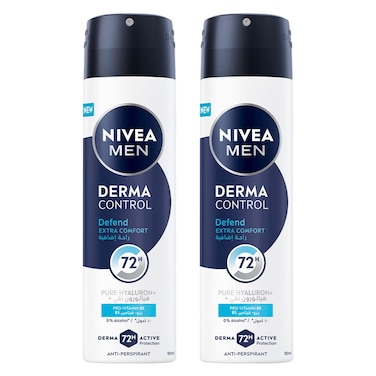 Nivea Men Derma Control Defend Extra Comfort 72h Pure Hyaluron+Pro-Vitamin B5 Anti-Perspirant Spray, 150ml Pack of 2