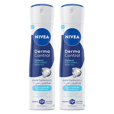 Nivea Derma Control Defend Extra Comfort 72h Pure Hyaluron+Pro-Vitamin B5 Anti-Perspirant Spray for Women, 150ml Pack of 2