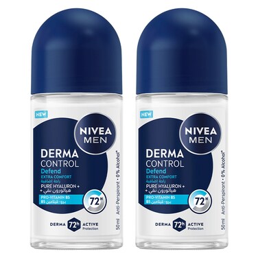 Nivea Men Derma Control Defend Extra Comfort 72h Pure Hyaluron+Pro-Vitamin B5 Anti-Perspirant Roll-On, 50ml Pack of 2