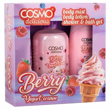 Comos Delicious Berry Yogurt Cream Shower and Bath Gel, Body Lotion and Body Mist Gift Set