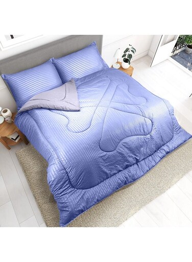 Linen Klub Reversible Down Alternative Comforter Set -Ultra Soft Brushed Stripe Microfiber Fabric, 200GSM Soft Fibersheet Filling, Size :Single 160 x 200cm , Color: Purple &amp; Lt. Grey