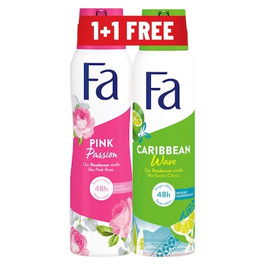 Fa Pink Passion Roll On, Pink Rose, 150ml + Fa Caribean Wave Roll On, Exotic Citrus, 150ml