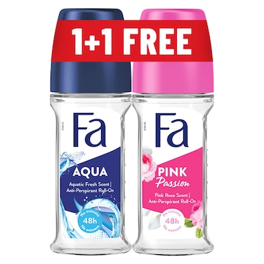 Fa Pink Passion Roll On, Pink Rose, 50ml + Fa Aqua Roll On, Aquatic Fresh, 50ml