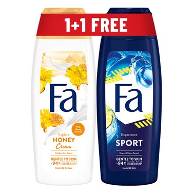 فا إكسبلور جيل استحمام بكريم العسل، برائحة السوسن الذهبي، 250 ملل + فا إكسبيرينس سبورت جيل استحمام، برائحة الحمضيات الخضراء، 250 ملل