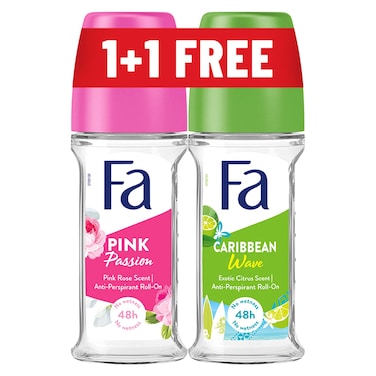 Fa Pink Passion Roll On, Pink Rose, 50ml + Fa Caribean Wave Roll On, Exotic Citrus, 50ml