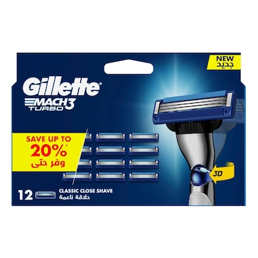 Gillette Mach3 Turbo 3D Classic Close Shave Blade Refills, Pack of 12