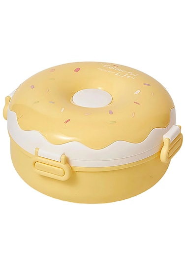 Twisoo Donut Plastic Lunch Box - Double Decker, BPA Free, Leakproof, Clip Lock, 3 Compartments, with Spoon &amp; Fork, Perfect for Kids' Snacks and School Lunches (Yellow)
