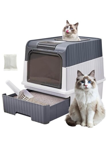 Pomefar Cat Litter Boxes,Foldable Closed Large Cat Litter Box with Lid,Deodorizing Cabin Closed Smell Proof Anti-Splashing with Scoop