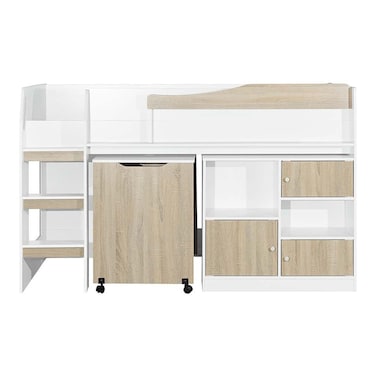 Kinder 90x190 Mid Sleeper Bed with Study Desk &amp; Storage-White &amp; Sonoma Oak