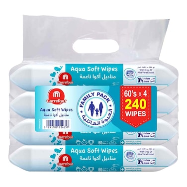 Carrefour Aqua Soft Wipes, 60 Sheets Pack of 4