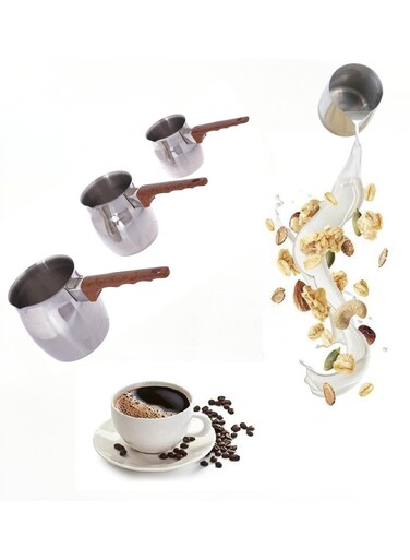 Pcs Stainless Steel Arabic Coffee Maker Sauce Pot Chocolate Milk Warmer Butter Mini Warmer Pot with Stove Spout (200ml, 400ml, 600ml, Silver) (Steel with Brown Handle)