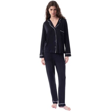 تكس طقم بيجاما نسائي بأكمام طويلة، أسود، متوسط