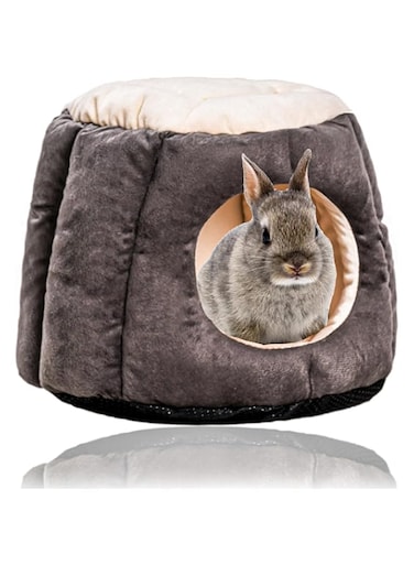 HERCOCCI Extra Large Rabbit Bed House, Foldable &amp; Warm Bunny Hideout Hut Cave for Guinea Pig Rabbit hilla Hamster Cage Accessories (Grey)
