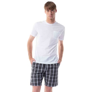 Tex Men Pocket Crew Neck T-Shirt and Plaid Pajama Shorts Set,  Anthracite, XL