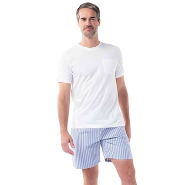 Tex Men Pocket Crew Neck T-Shirt and Striped Pajama Shorts Set, Sky, XXL