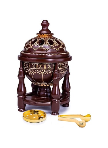 AM Charcoal Incense Burner - Bakhoor Burner, Oud Frankincense Resin Burner - for Office &amp; Home Decor - Lavish 4 Pillar Brown