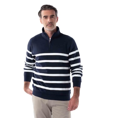 Tex Men Horizontal Striped Quarter-Zip Long Sleeve T-Shirt,  Navy, XL